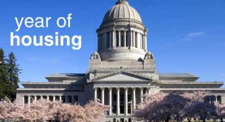 A photo of the Washington State capitol, with the cherry blossoms in bloom with text 